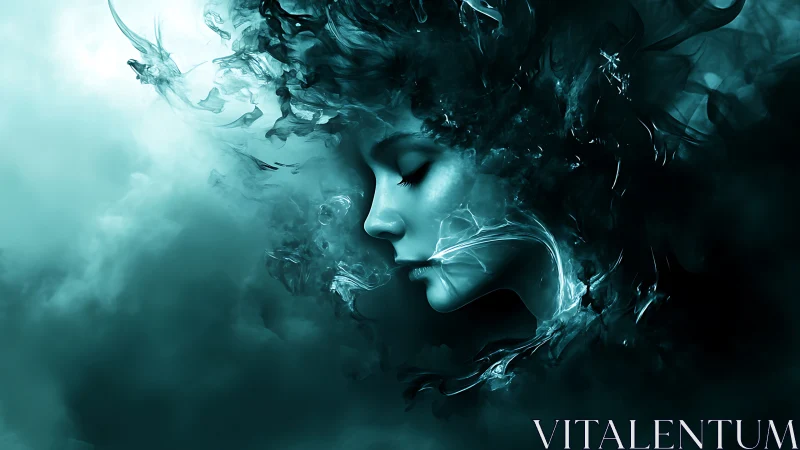 Digital painting of ethereal teal face in abstract smoke field.