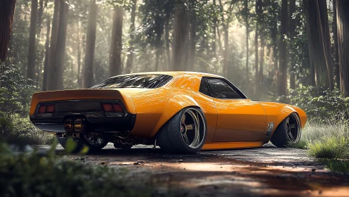Low, wide custom yellow muscle car parked on forest road