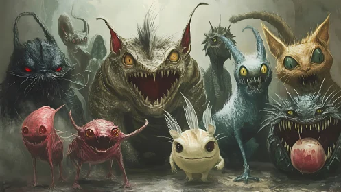 Curious monster critters share sharp smiles and wild eyes