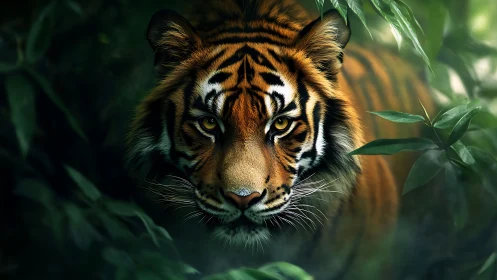 Tiger face emerging from dense green jungle foliage.