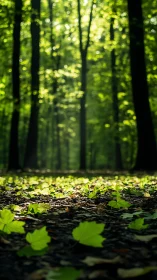 Luminous forest floor bathed in soft sunlight through dense canopy.