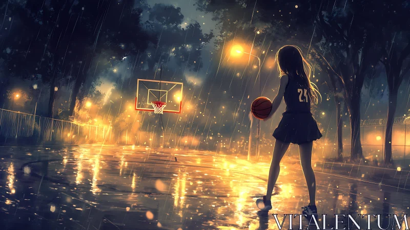 Anime night basketball court under rainlit cinematic backlighting.