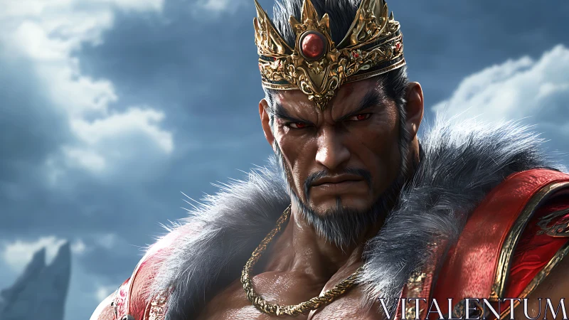 Regal armored warrior with crown in overcast landscape.