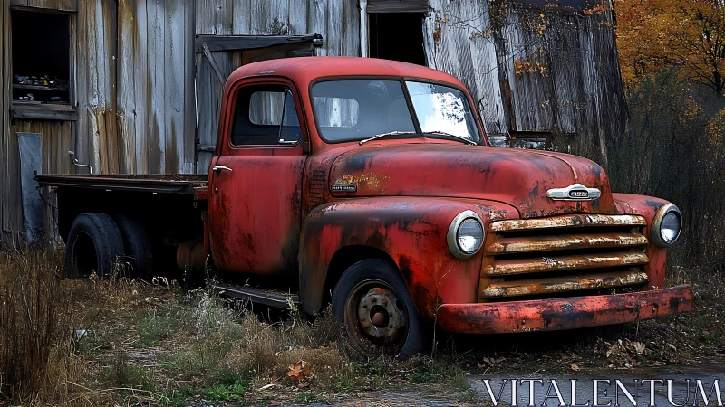 Weathered red pickup resting quietly beside an old barn.