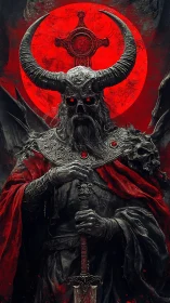 Horned undead warlord under blood-red halo sigil