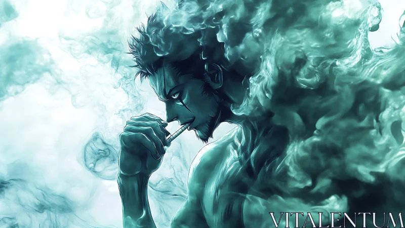 Brooding anime warrior dissolves into teal spectral smoke.