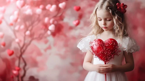 Young Girl with Red Heart-Shaped Gift in Pink Setting