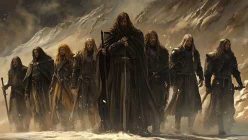 Medieval armored figures traverse snowy mountain pass in formation