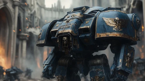 Battle-scarred blue war mech guarding a crumbling citadel.