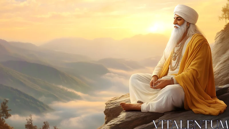 Meditating sage overlooks sunlit mountains and cloud valleys