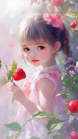 Strawberry garden child portrait in pastel fantasy light.
