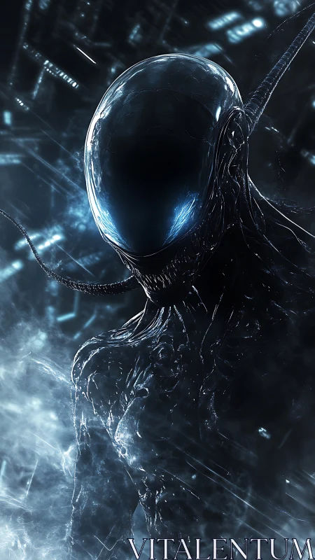 Sleek biomechanical alien form in cold digital haze.