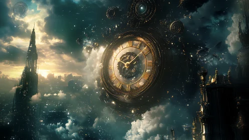Colossal celestial clock hovers above luminous steampunk city.