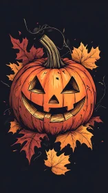 Whimsical jack-o’-lantern glowing amid swirling autumn leaves.