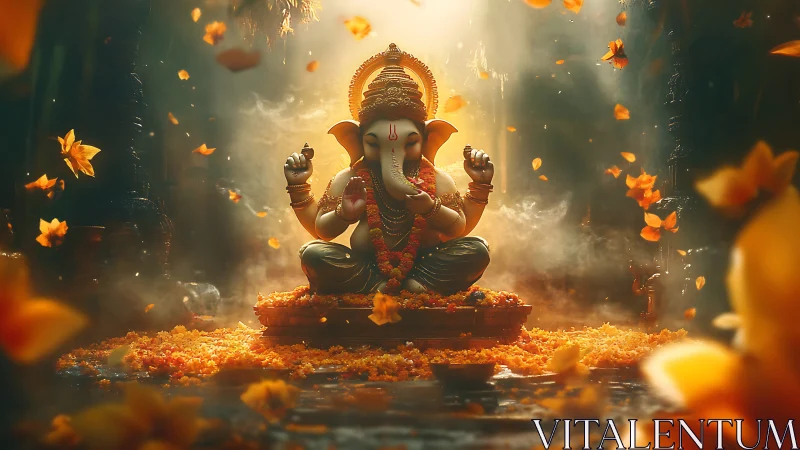 Lord Ganesha statue amid soft light and falling petals.