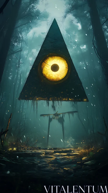 Giant triangular eye monument glows above misty forest path