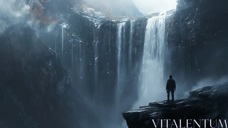 Solitary figure observing vast misty mountain waterfall.