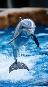 Joyous chrome-blue dolphin rockets through dazzling surf.