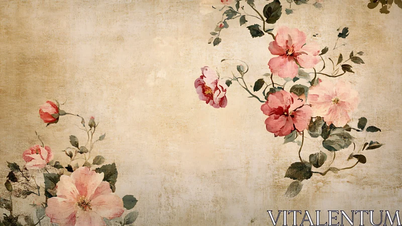 Vintage blush florals drifting across aged canvas wall.