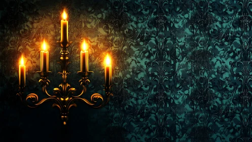 Five lit candles extend from ornate brass wall candelabra