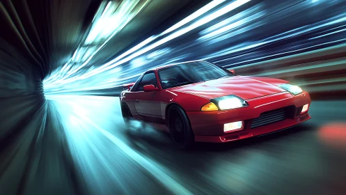 Digital painting of red sports car in dynamic motion tunnel.