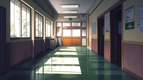 Sunlit school corridor pauses time in polished green reflections