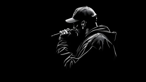 Rapper in monochrome profile grips microphone under stark light