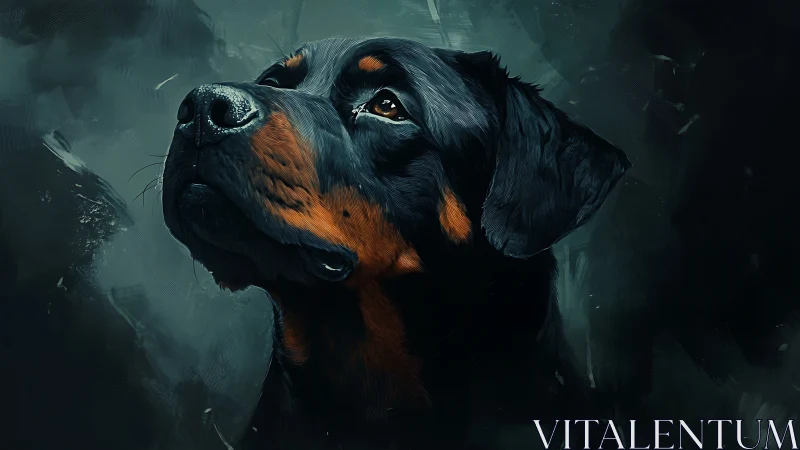 Rottweiler portrait with focused gaze on dark background.