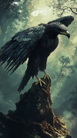 Dark raptor perched on gnarled root in misty forest scene.