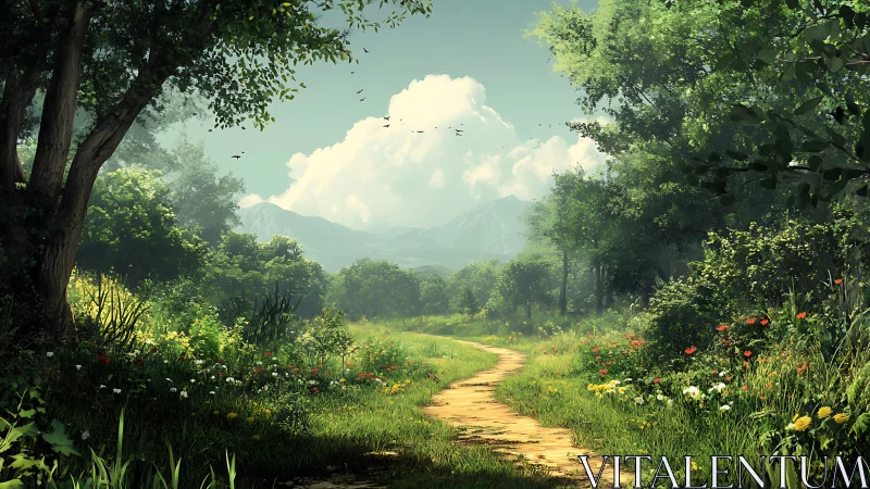 Forest Path with Mountain Vista and Blooming Wildflowers.