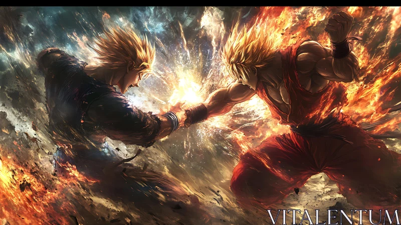 Explosive duel of fiery warriors amid shattering energy field.