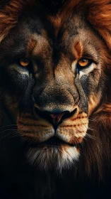 Lion portrait with intense golden gaze in darkness.