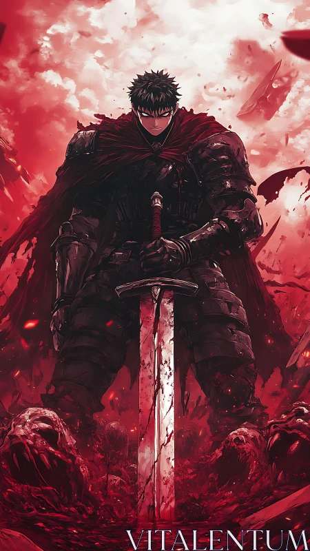 Storm-steadfast warrior stands calm amid a crimson battlefield