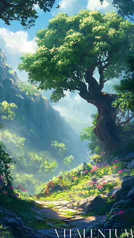 Ancient Tree in Luminous Mountain Valley.