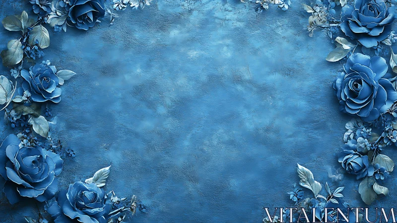 Blue Roses Frame Textured Turquoise Background.