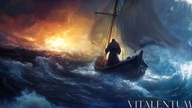 Digital painting of lone sailor in storm-tossed seascape composition.