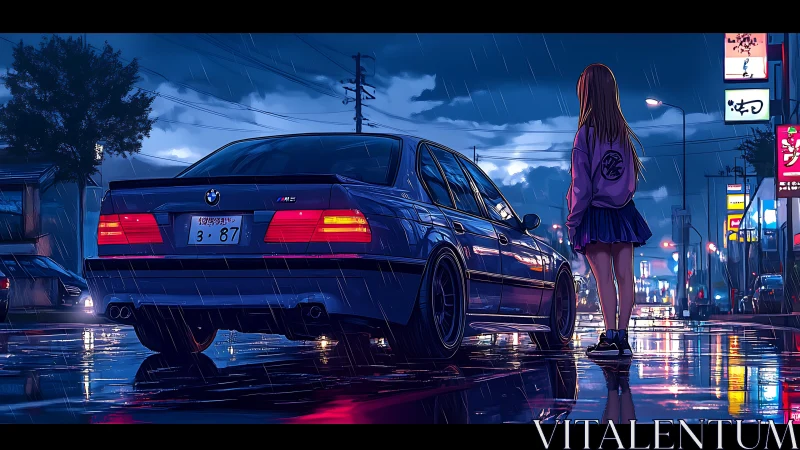 Girl and BMW sedan on wet neon city street at night.