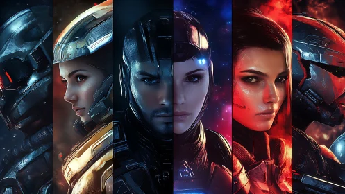 Futuristic armored soldiers in intense sci fi portrait lineup.