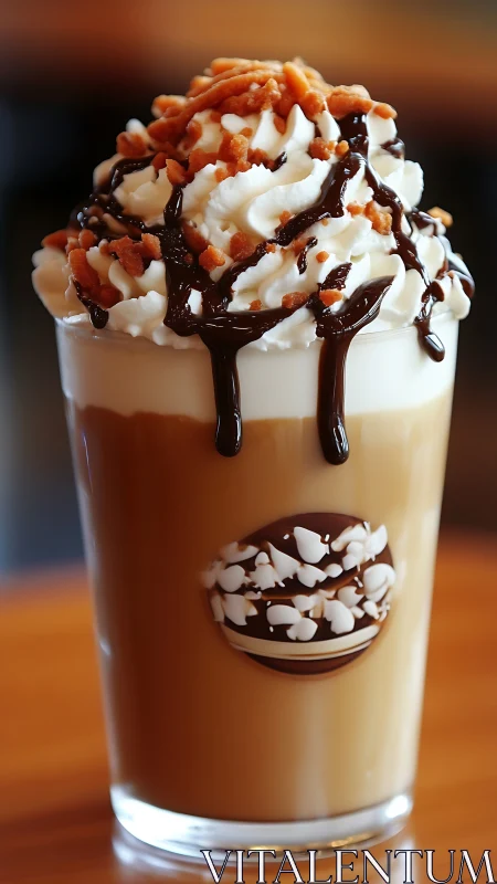Iced caramel frappe crowned with whipped cream and drizzle.