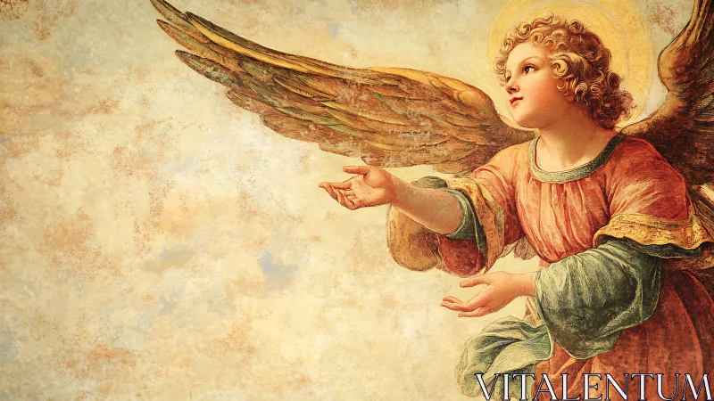 Baroque-style winged cherub in lateral extension, fresco study.