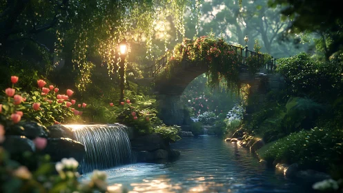 Stone garden bridge over stream with flowers at dusk.