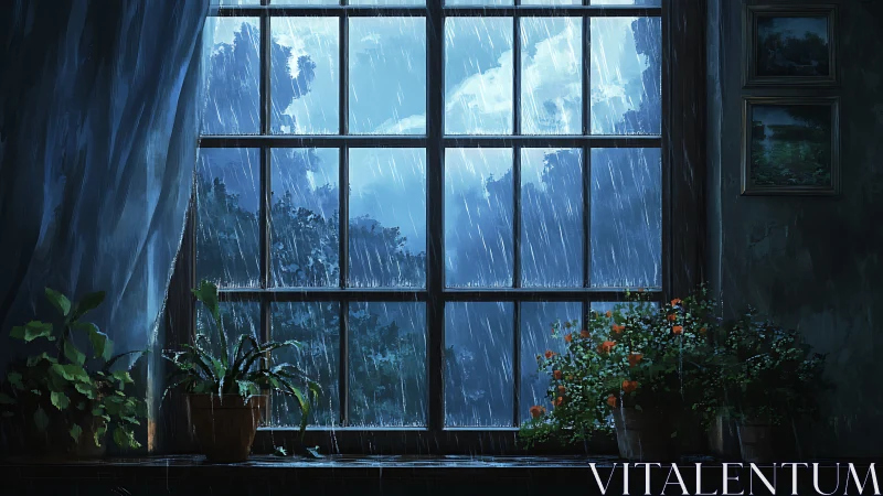 Rainy night window view with plants on interior ledge.