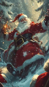 Santa in red coat moving through snowy forest path joyfully.