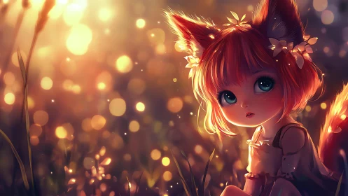 Fox-eared child in glowing twilight meadow wonderland.