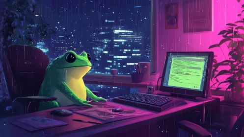 Nocturnal programmer frog at neon-lit rainy city office desk