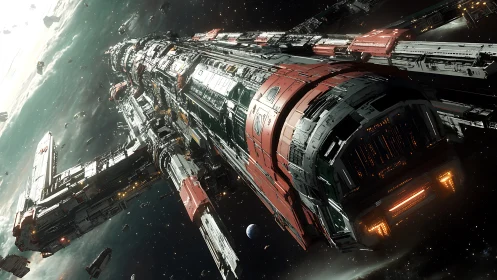 Massive detailed starship cruising through deep space.