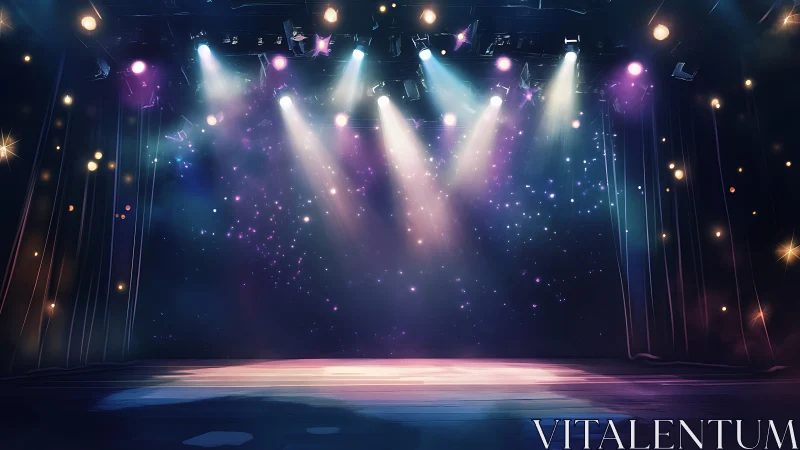 Stage lights rehearse galaxies across a waiting floor