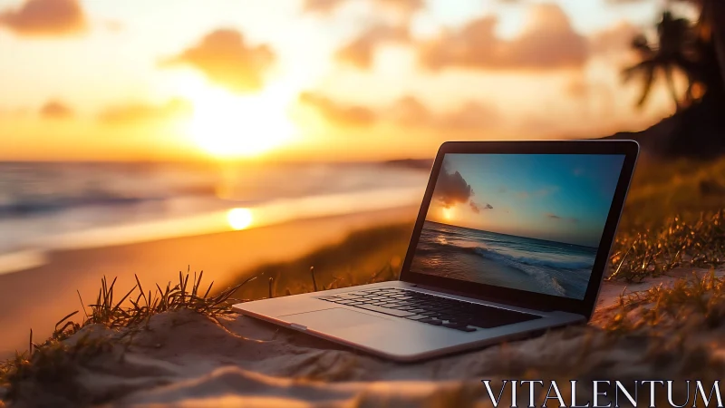 Ultrabook on sandy beach at sunset with mirrored seascape display