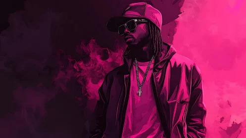 Urban digital portrait of man in pink streetwear style.
