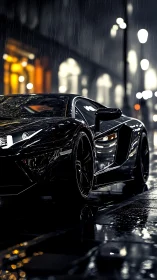 Midnight supercar prowls through neon rain-slick streets.